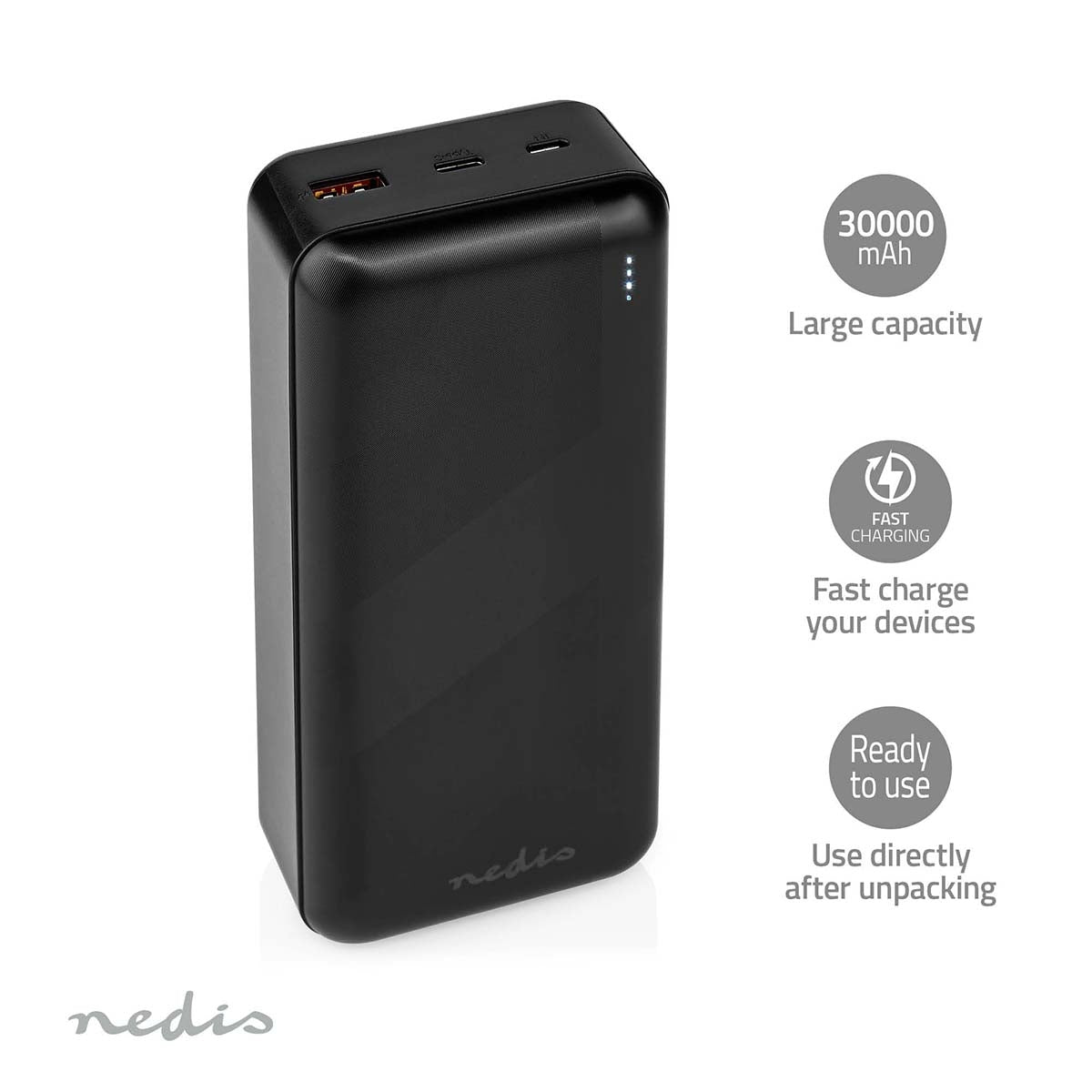 Power bank | 30000 mAh | 1.5 / 2.0 / 3.0 A | Number of outputs: 2 | Output connection: 1x USB-A / 1x USB-C™ | Input connection: 1x Micro USB / 1x USB-C™ | PD3.0 20W | Lithium polymer