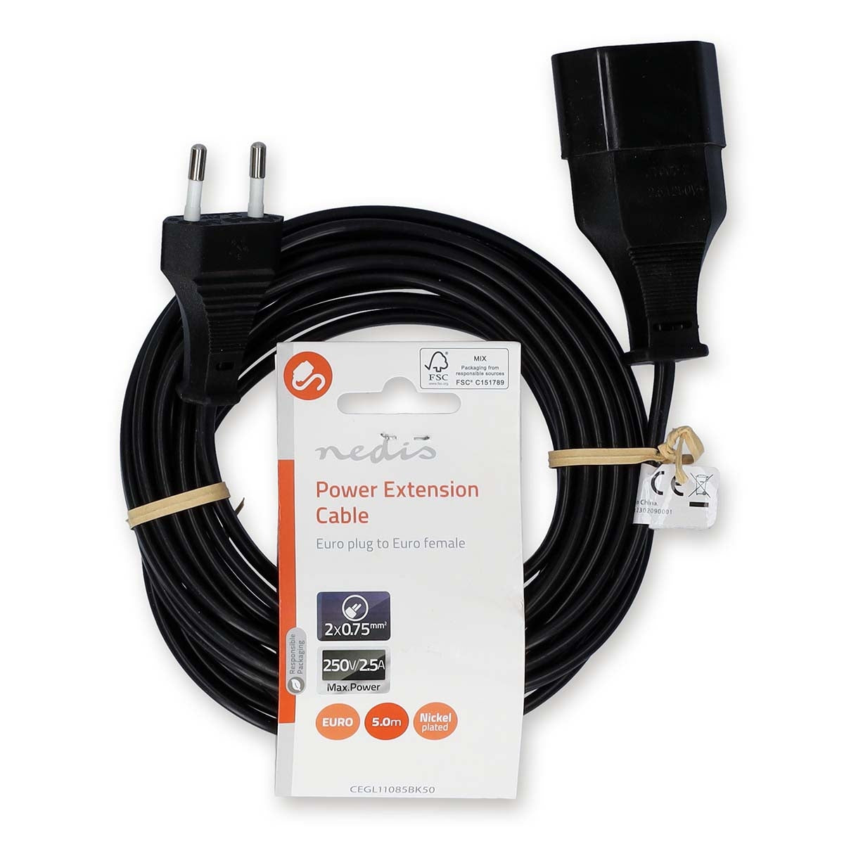 Power cable | Euro Man | Euro Female | Straight | Straight | Nickel Plated | 5.00 m | Round | PVC | Black | Label