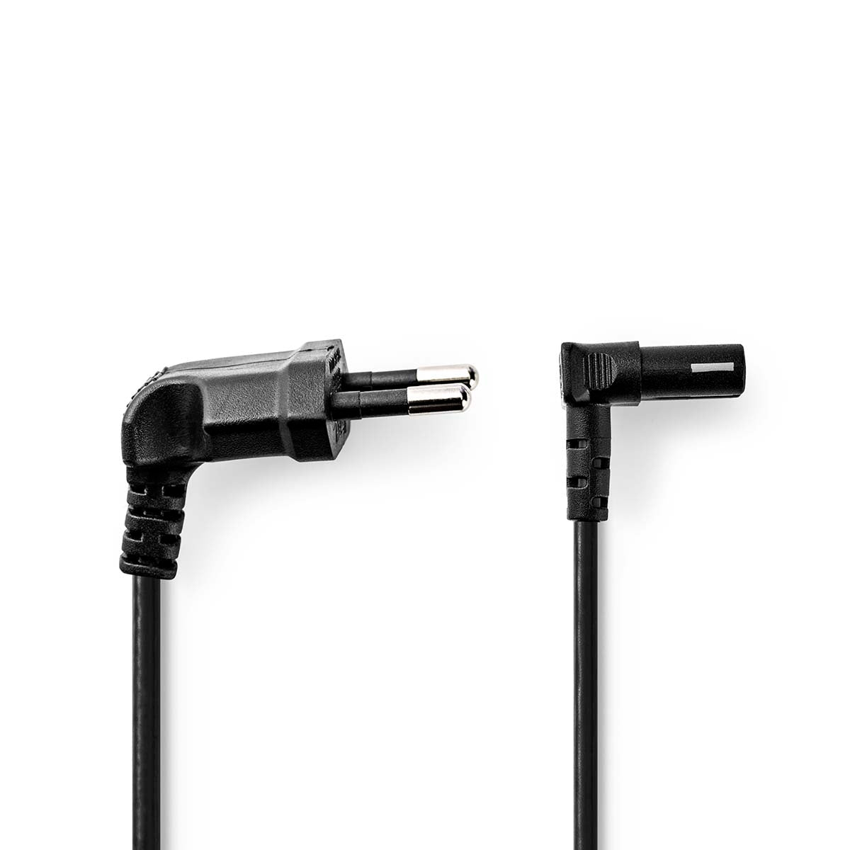 Power cable | Euro Man | IEC-320-C1 | Angled | Angled 90° | Nickel Plated | 2.00 m | Flat | PVC | Black | Label
