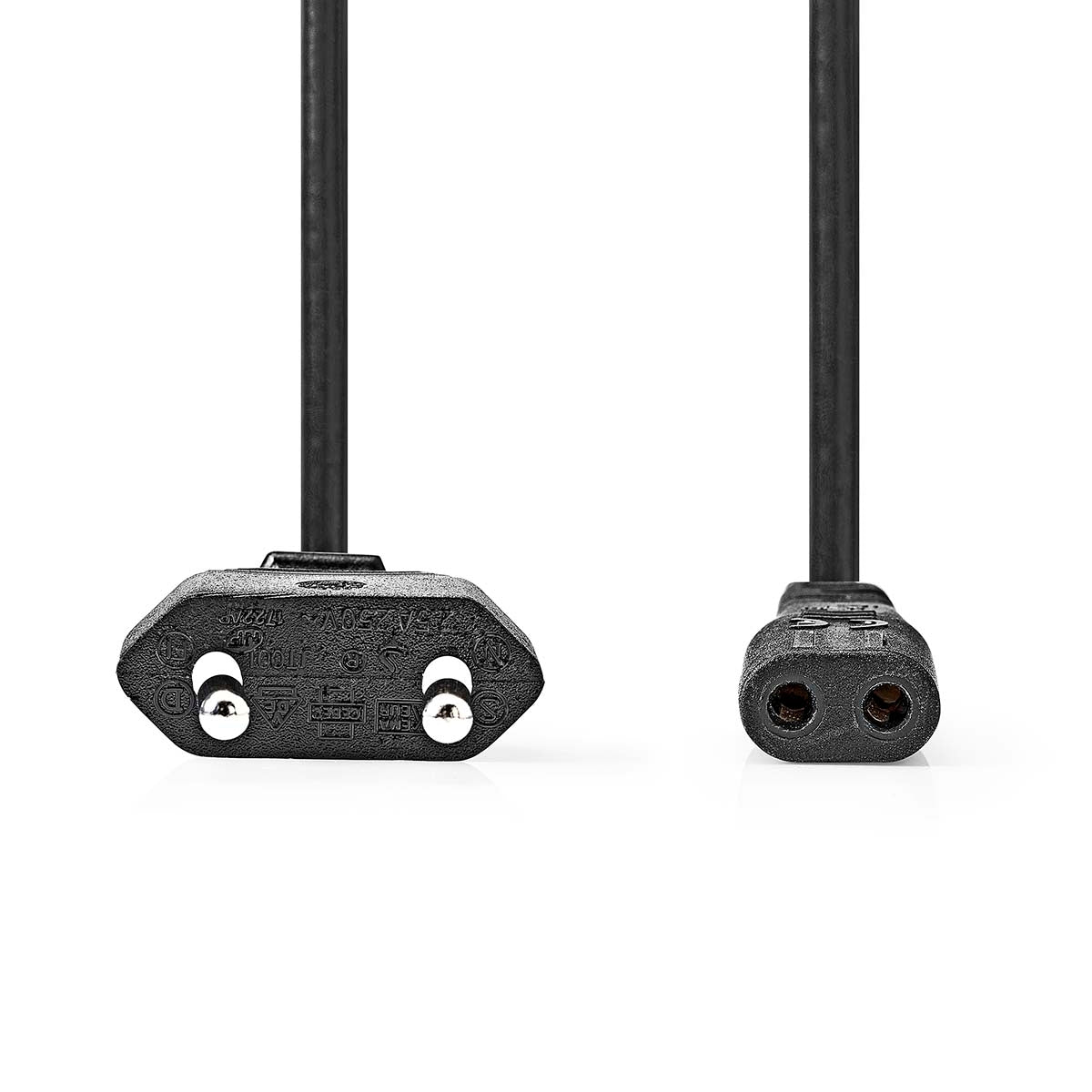 Power cable | Euro Man | IEC-320-C1 | Straight | Straight | Nickel plated | 2.00 m | Flat | PVC | Black | Envelope