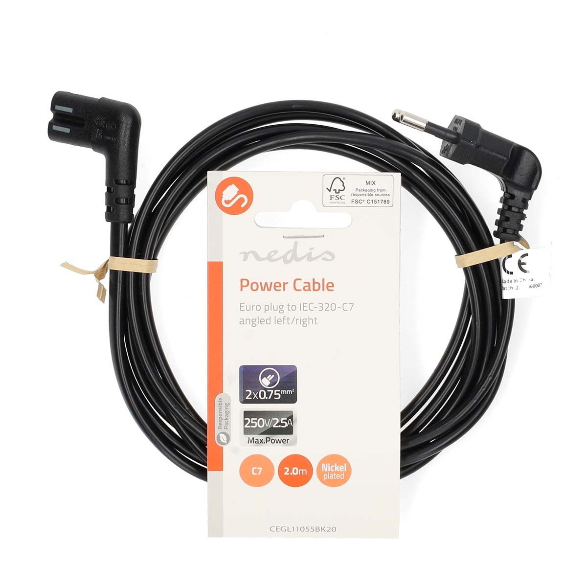 Power cable | Euro Man | IEC-320-C7 | Angled | Angled left | Nickel Plated | 2.00 m | Flat | PVC | Black | Label
