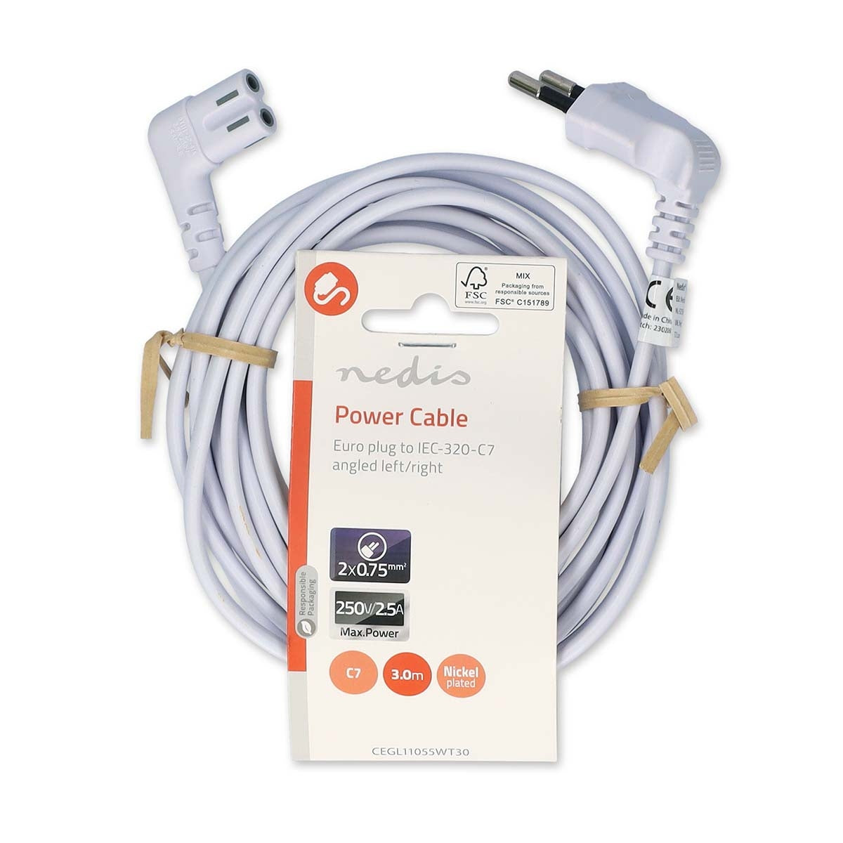 Power cable | Euro Man | IEC-320-C7 | Angled | Angled left | Nickel Plated | 3.00 m | Flat | PVC | White | Label
