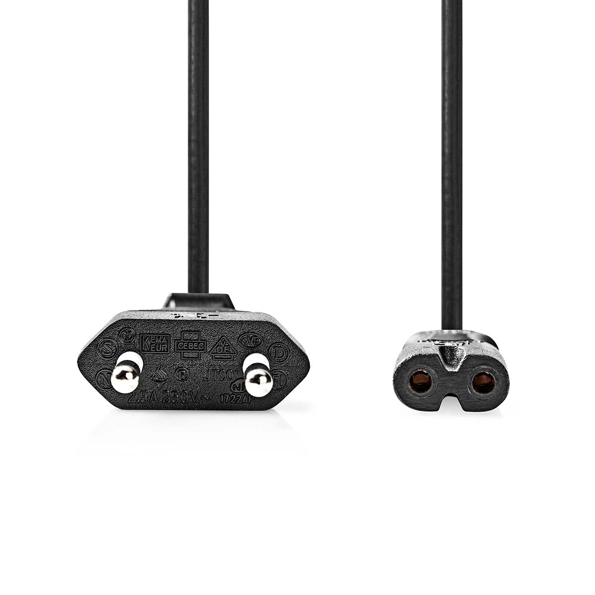 Power cable | Euro Man | IEC-320-C7 | Straight | Straight | Nickel Plated | 2.00 m | Wrapped | PVC | Black | Label