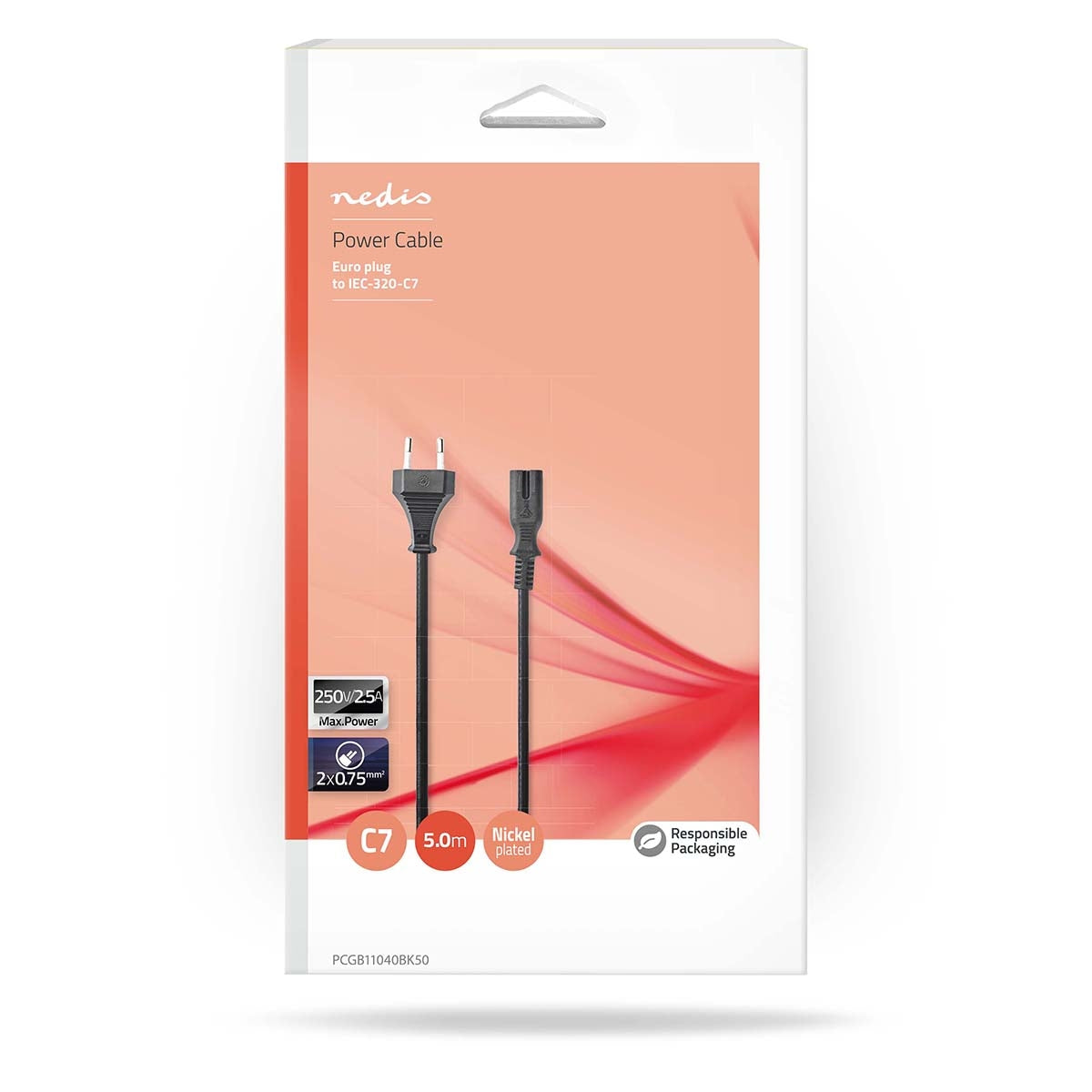 Power cable | Euro Man | IEC-320-C7 | Straight | Straight | Nickel Plated | 5.00 m | Round | PVC | Black | Box