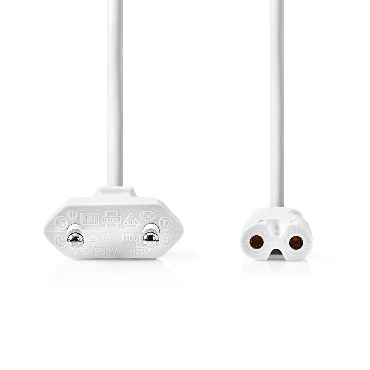 Power cable | Euro Man | IEC-320-C7 | Straight | Straight | Nickel plated | 2.00 m | Flat | PVC | White | Envelope