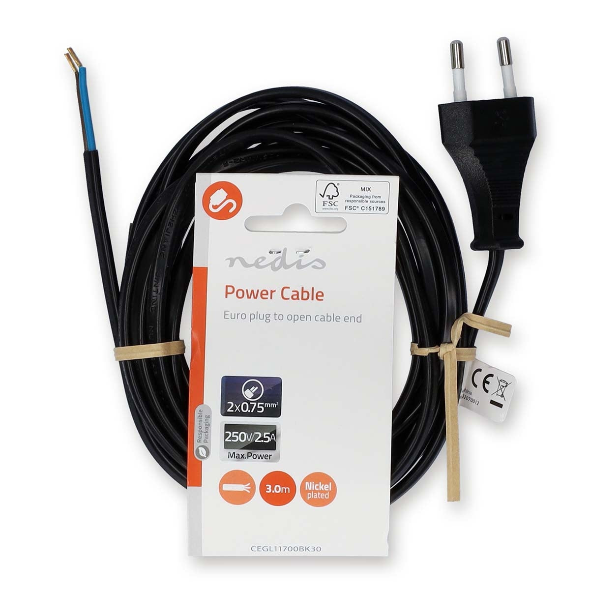Power cable | Euro Man | Open | Straight | Straight | Nickel Plated | 3.00 m | Flat | PVC | Black | Label