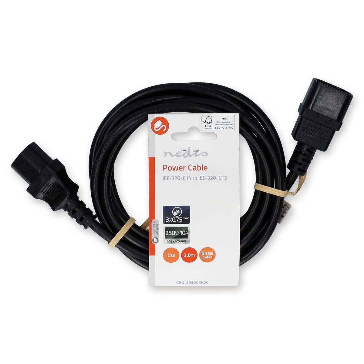 Power cable | IEC-320-C14 | IEC-320-C13 | Straight | Straight | Nickel Plated | 2.00 m | Round | PVC | Black | Label