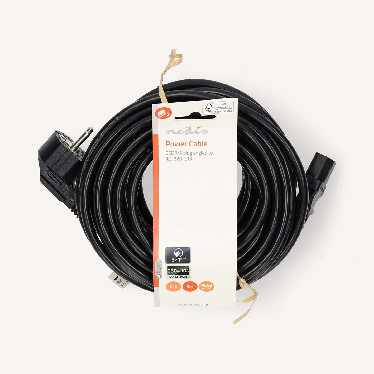 Power cable | Power connector Male | IEC-320-C13 | Angled | Straight | Nickel Plated | 10.0 m | Round | PVC | Black | Label