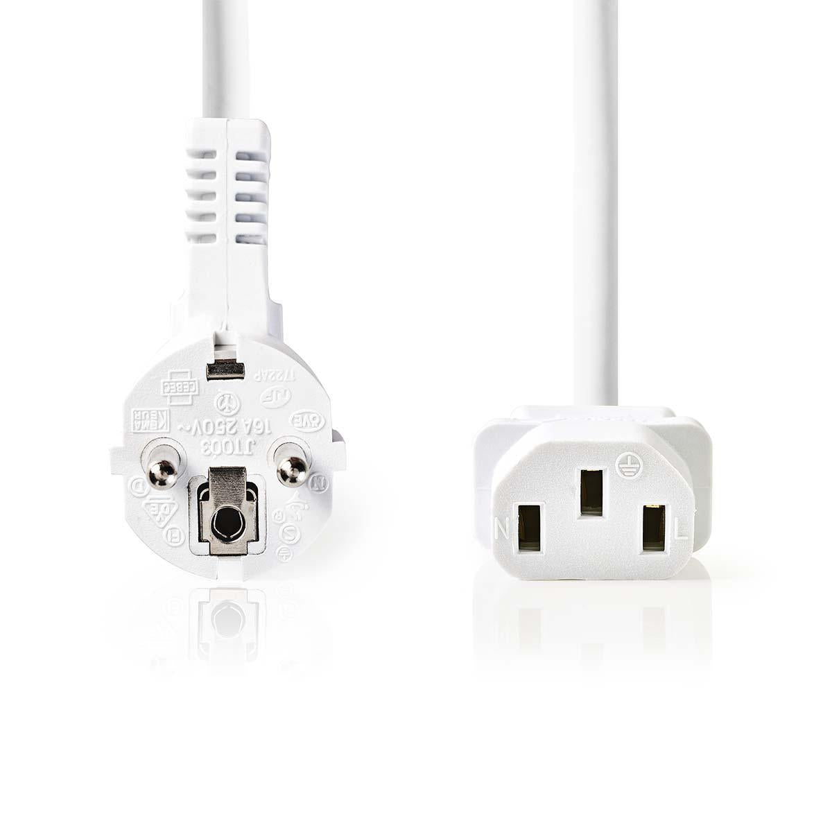 Power cable | Power connector Male | IEC-320-C13 | Angled | Straight | Nickel Plated | 10.0 m | Round | PVC | White | Plastic bag