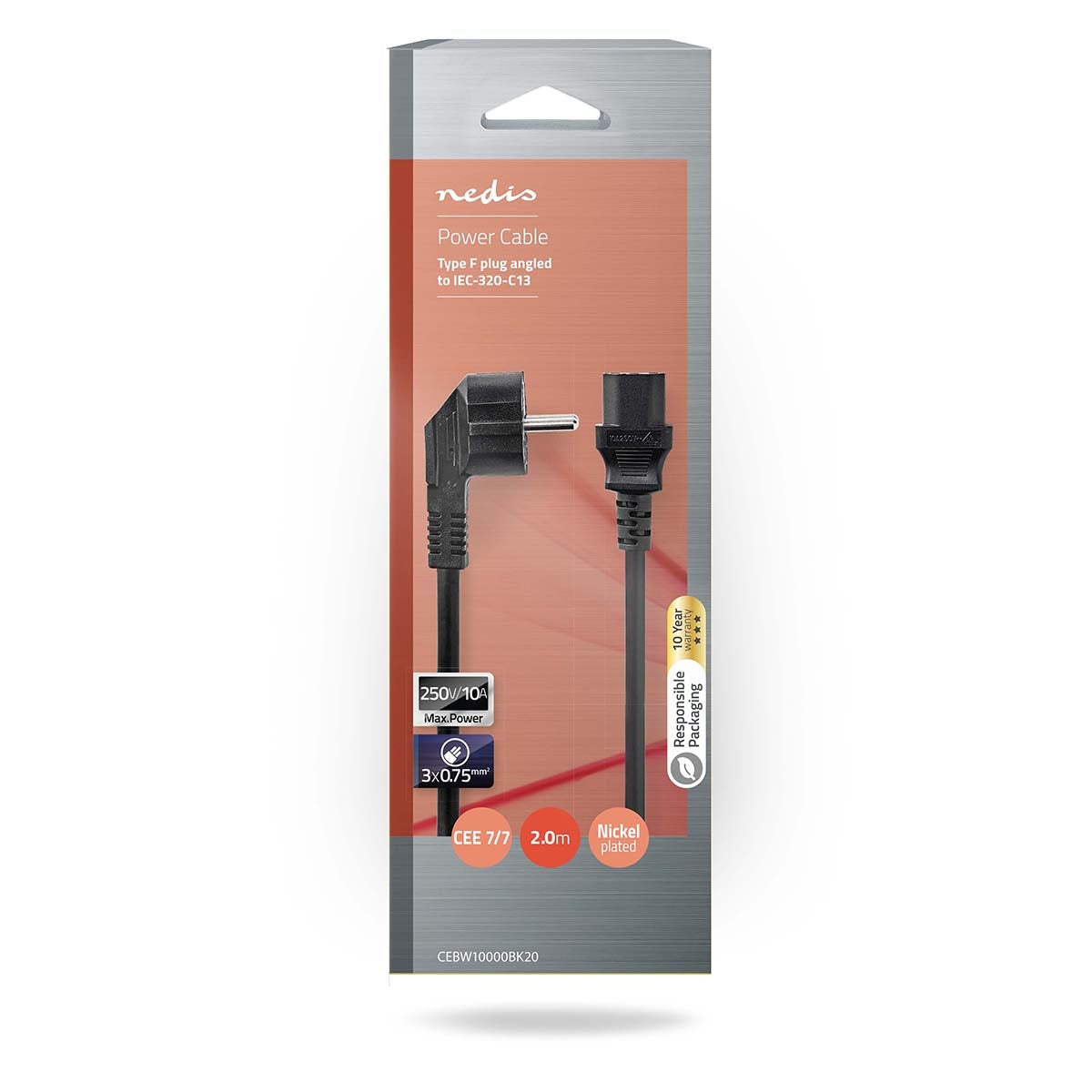Power cable | Power connector Male | IEC-320-C13 | Angled | Straight | Nickel Plated | 2.00 m | Round | PVC | Black | Cardboard box with window