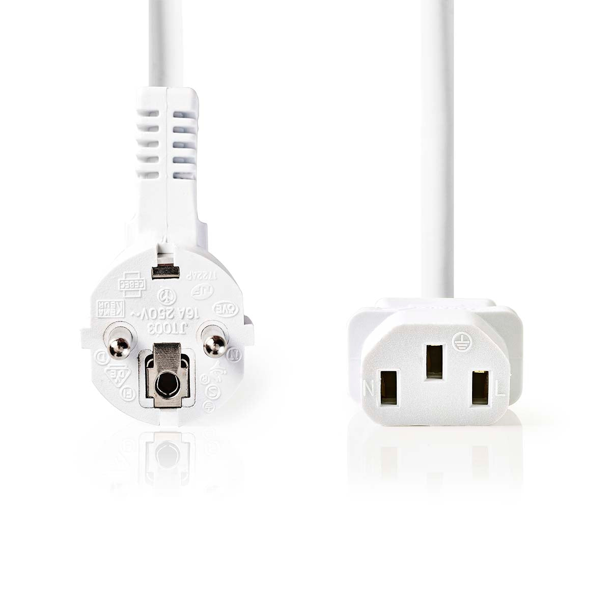 Power cable | Power connector Male | IEC-320-C13 | Angled | Straight | Nickel Plated | 2.00 m | Round | PVC | White | Label