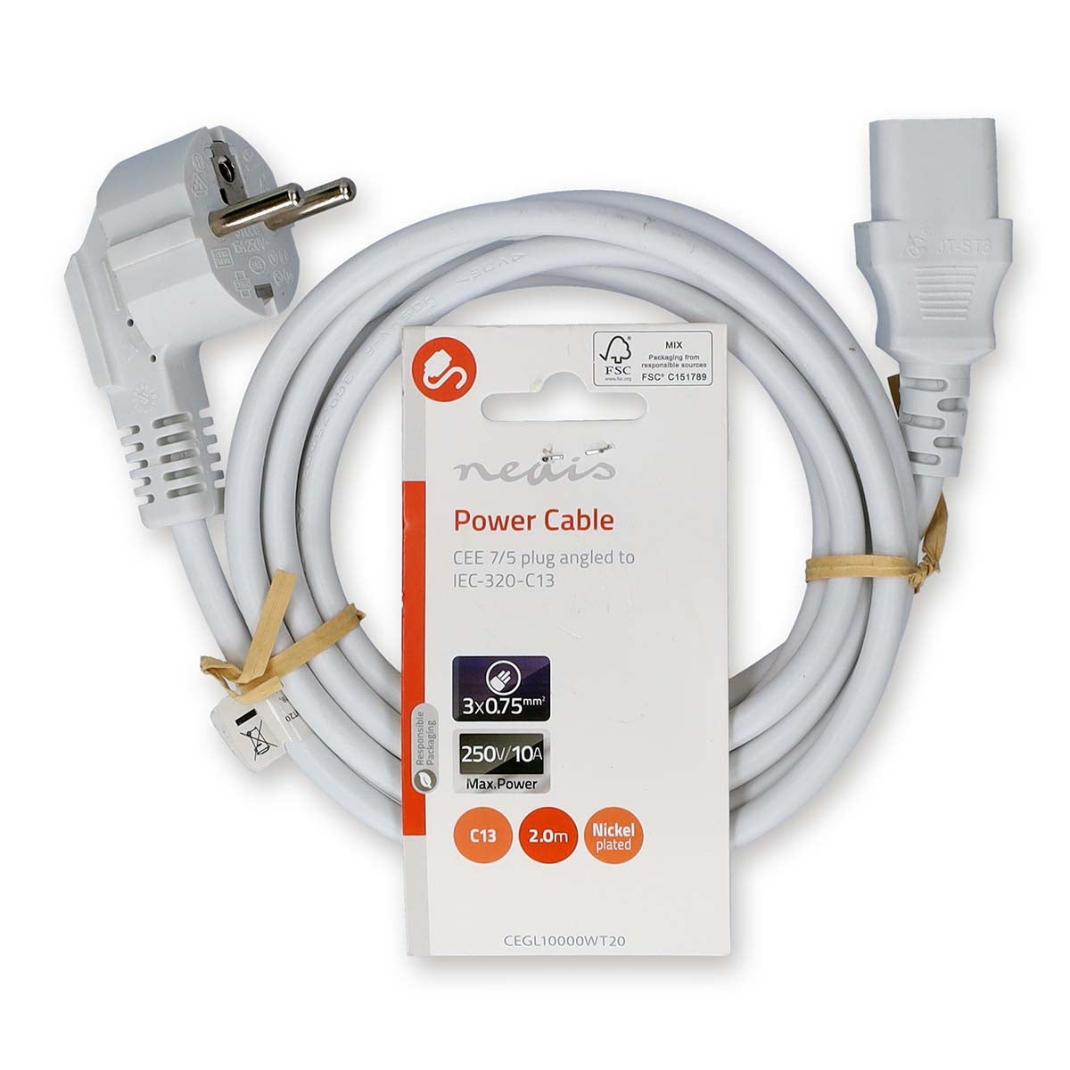 Power cable | Power connector Male | IEC-320-C13 | Angled | Straight | Nickel Plated | 2.00 m | Round | PVC | White | Label
