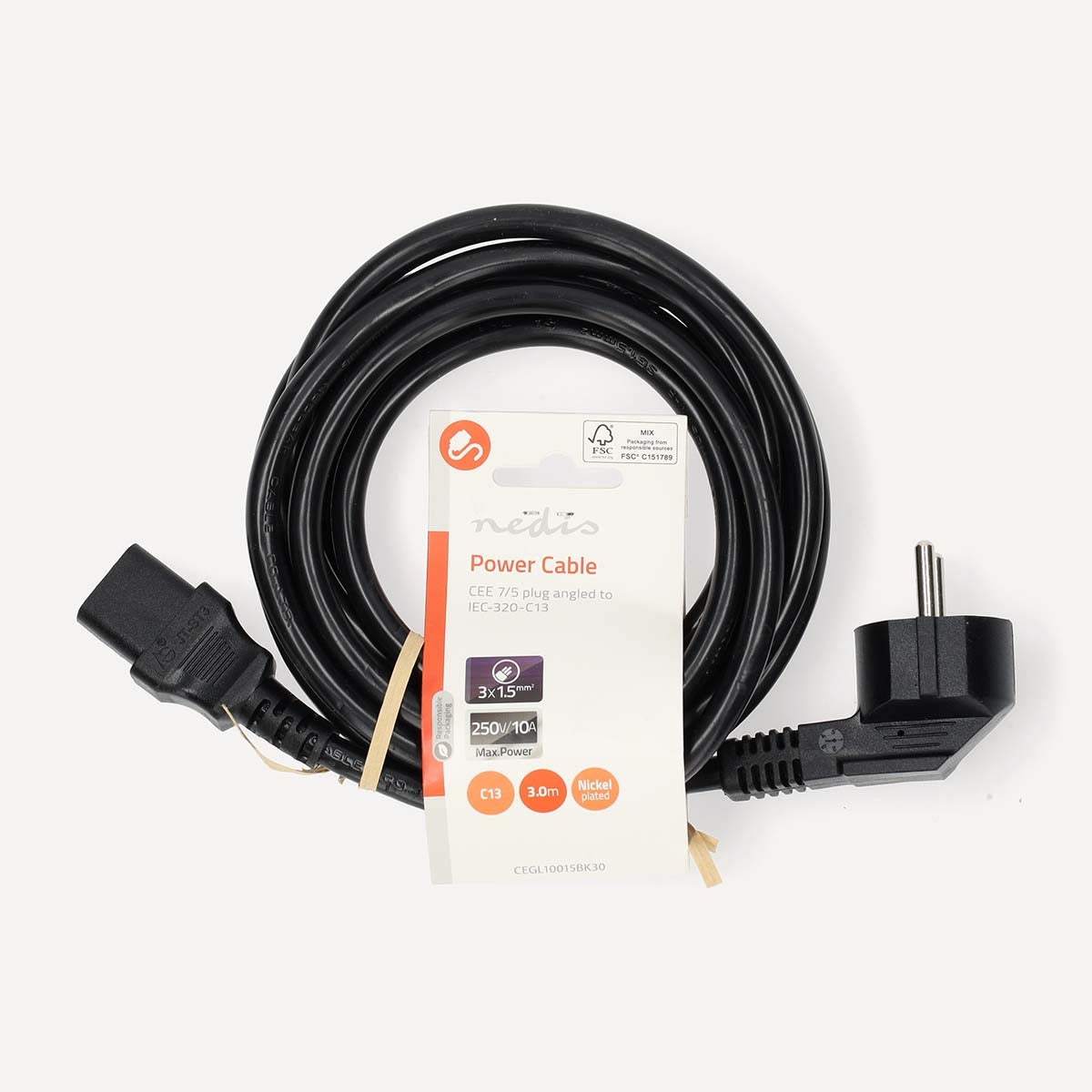 Power cable | Power connector Male | IEC-320-C13 | Angled | Straight | Nickel Plated | 3.00 m | Round | PVC | Black | Label