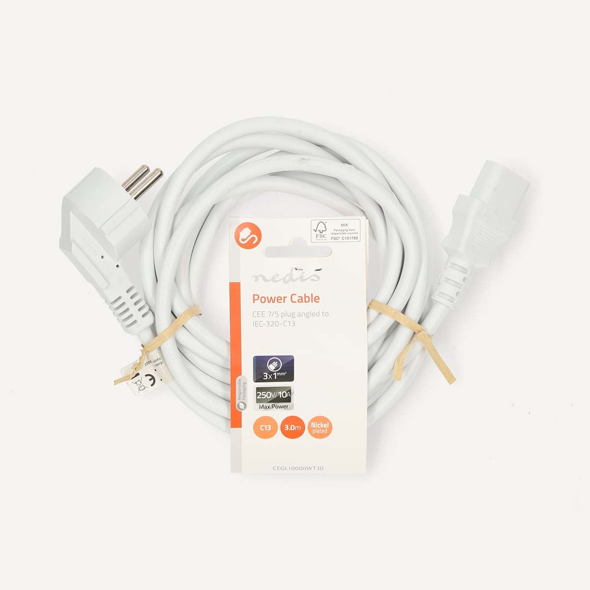 Power cable | Power connector Male | IEC-320-C13 | Angled | Straight | Nickel Plated | 3.00 m | Round | PVC | White | Label