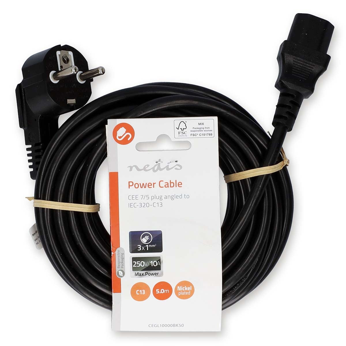 Power cable | Power connector Male | IEC-320-C13 | Angled | Straight | Nickel Plated | 5.00 m | Round | PVC | Black | Label