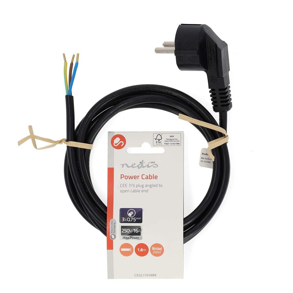 Power cable | Power connector Male | Open | Angled | Straight | Nickel Plated | 1.80 m | Round | Neoprene | Black | Label
