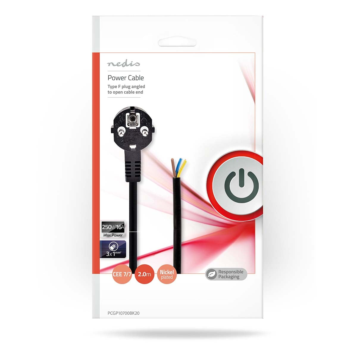 Power cable | Power connector Male | Open | Angled | Straight | Nickel Plated | 2.00 m | Round | PVC | Black | Envelope