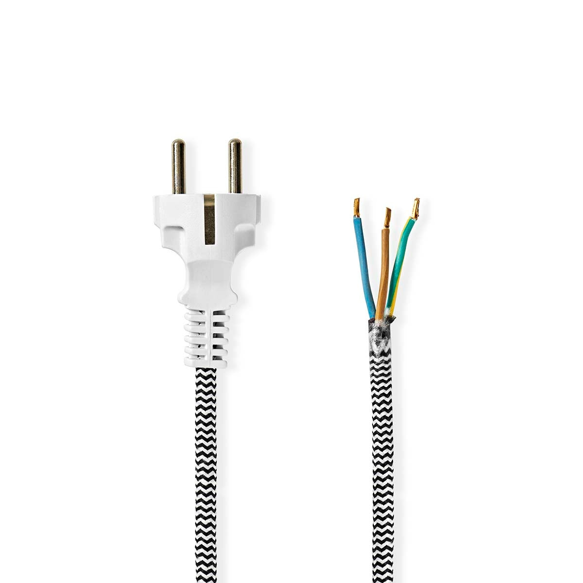 Power cable | Power connector Male | Open | Straight | Straight | Nickel Plated | 3.00 m | Round | Cotton | Black / White | Label