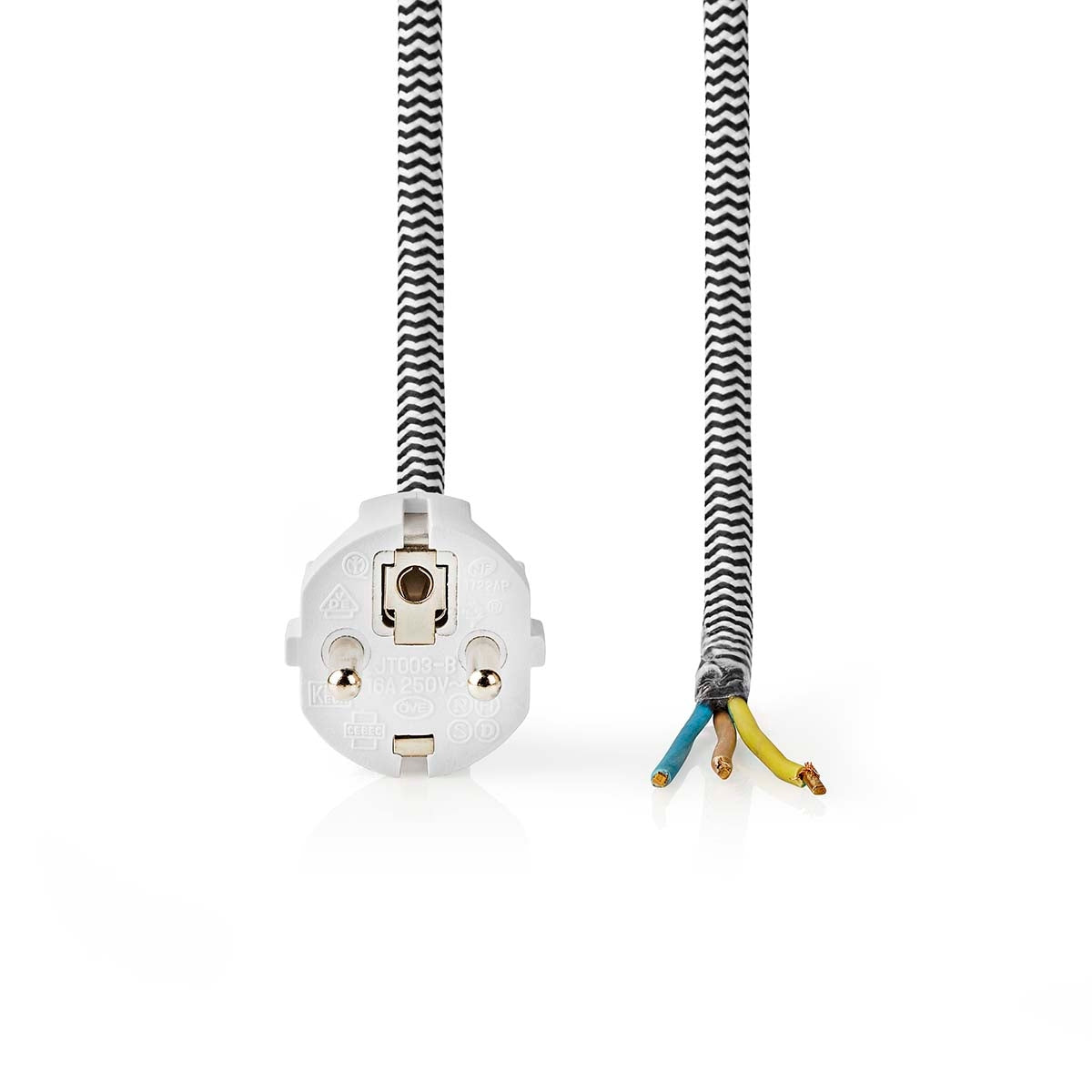 Power cable | Power connector Male | Open | Straight | Straight | Nickel Plated | 3.00 m | Round | Cotton | Black / White | Label