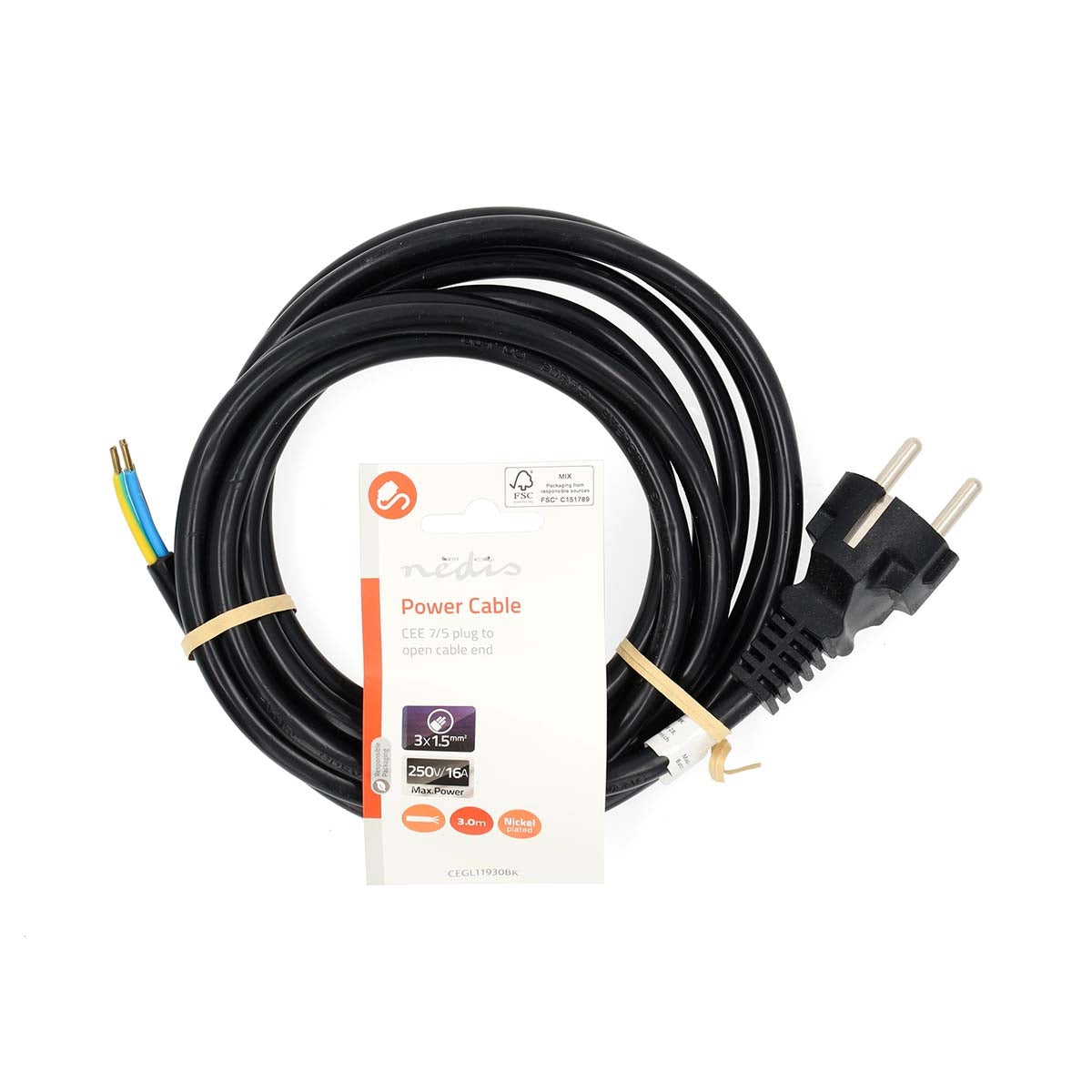 Power cable | Power connector Male | Open | Straight | Straight | Nickel Plated | 3.00 m | Round | PVC | Black | Label