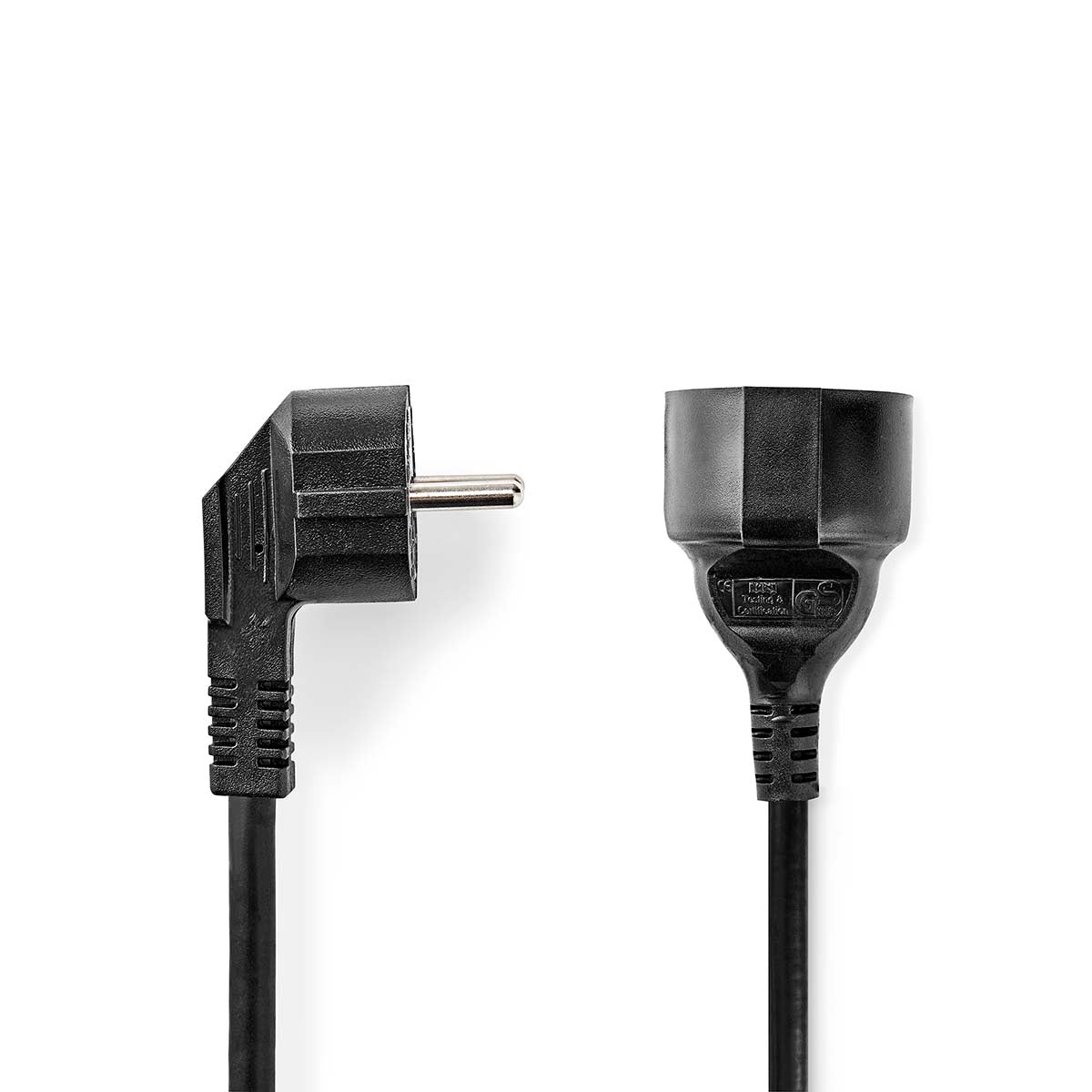 Power cable | Power connector Male | Power connector Female | Angled | Straight | Nickel Plated | 5.00 m | Round | PVC | Black | Envelope