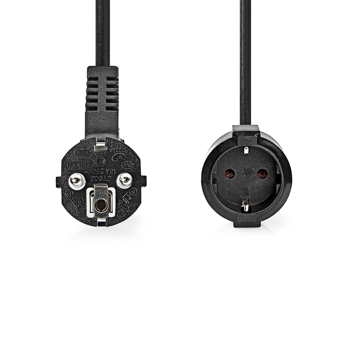 Power cable | Power connector Male | Power connector Female | Angled | Straight | Nickel Plated | 5.00 m | Round | PVC | Black | Envelope