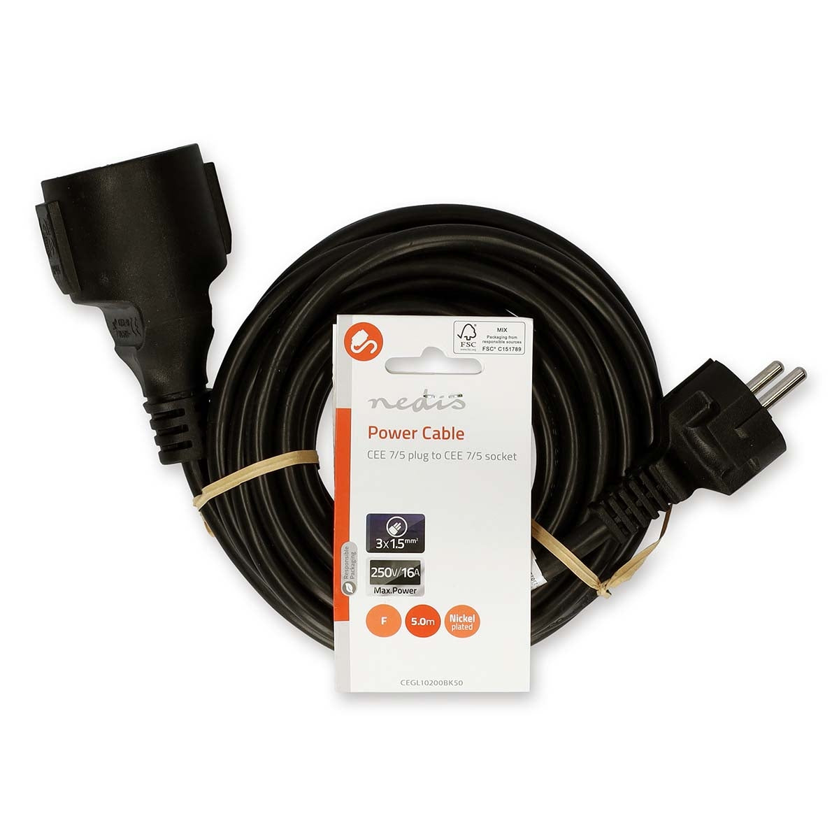 Power cable | Power connector Male | Power connector Female | Straight | Straight | Nickel Plated | 5.00 m | Round | PVC | Black | Label