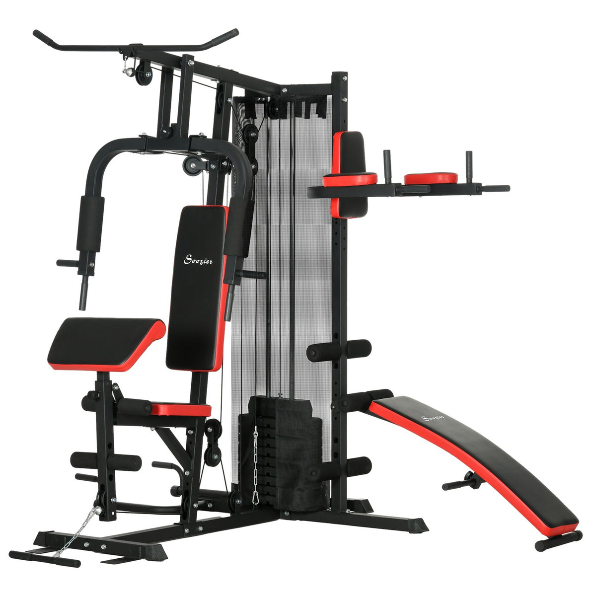 Power station, multifunctional fitness station with butterfly and lat pull-down bar, curler, chest press, sit-up bench, fitness device with 65 kg weight blocks for home, black