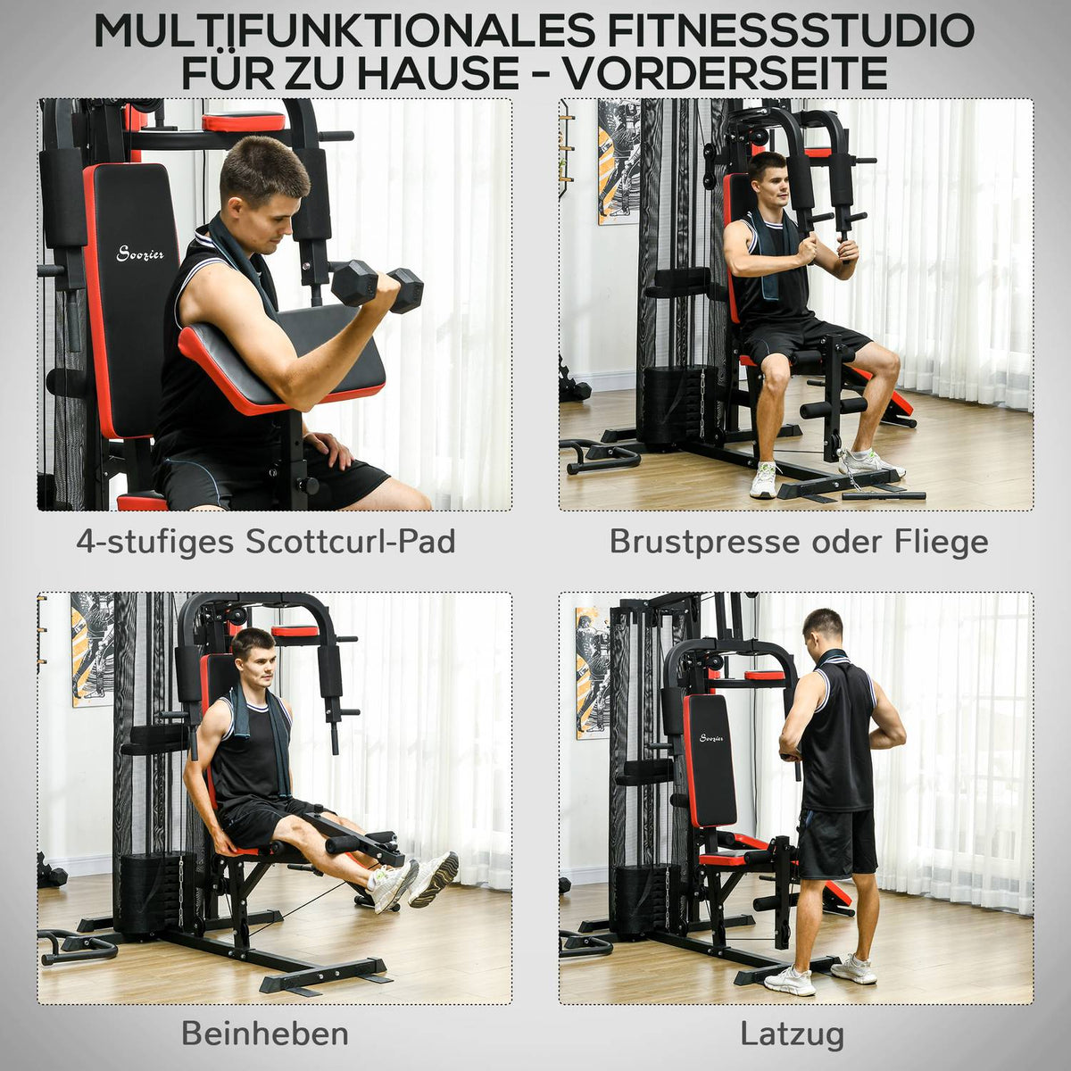 Power station, multifunctional fitness station with butterfly and lat pull-down bar, curler, chest press, sit-up bench, fitness device with 65 kg weight blocks for home, black