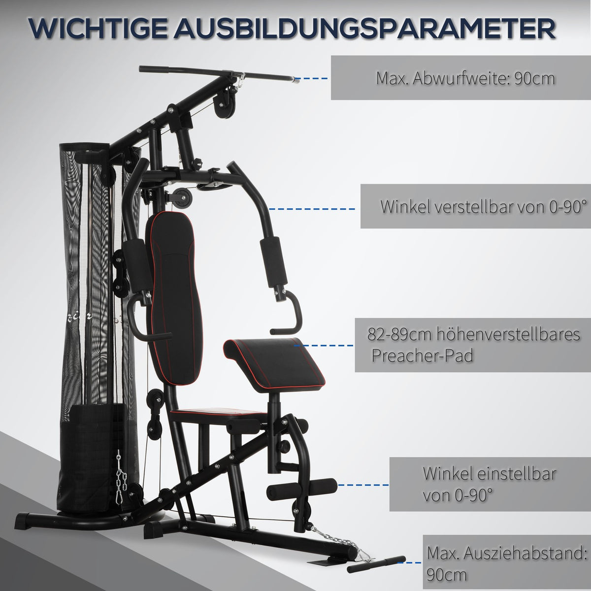 Power station, multifunctional fitness station with lat pull-down and butterfly bar, weight bench, chest press, curler, fitness device with 45 kg weight blocks for home, black