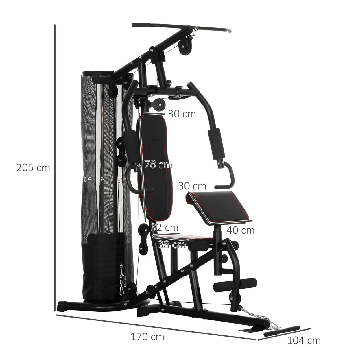 Power station, multifunctional fitness station with lat pull-down and butterfly bar, weight bench, chest press, curler, fitness device with 45 kg weight blocks for home, black