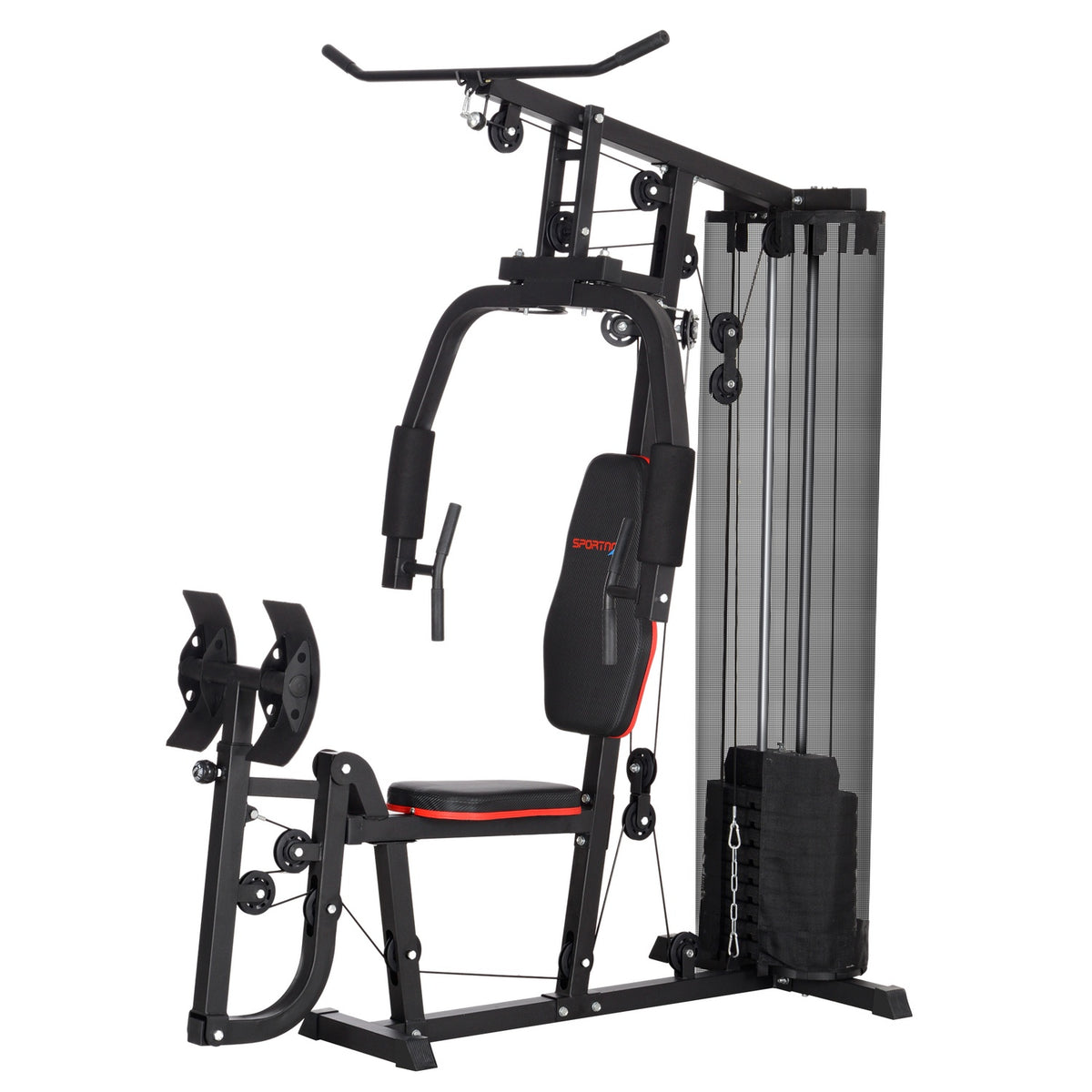 Power station, multifunctional fitness station with lat pulldown & butterfly bar, leg press, fitness device with 45 kg weight blocks for home, black