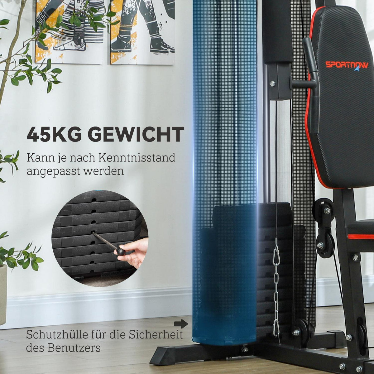 Power station, multifunctional fitness station with lat pulldown & butterfly bar, leg press, fitness device with 45 kg weight blocks for home, black