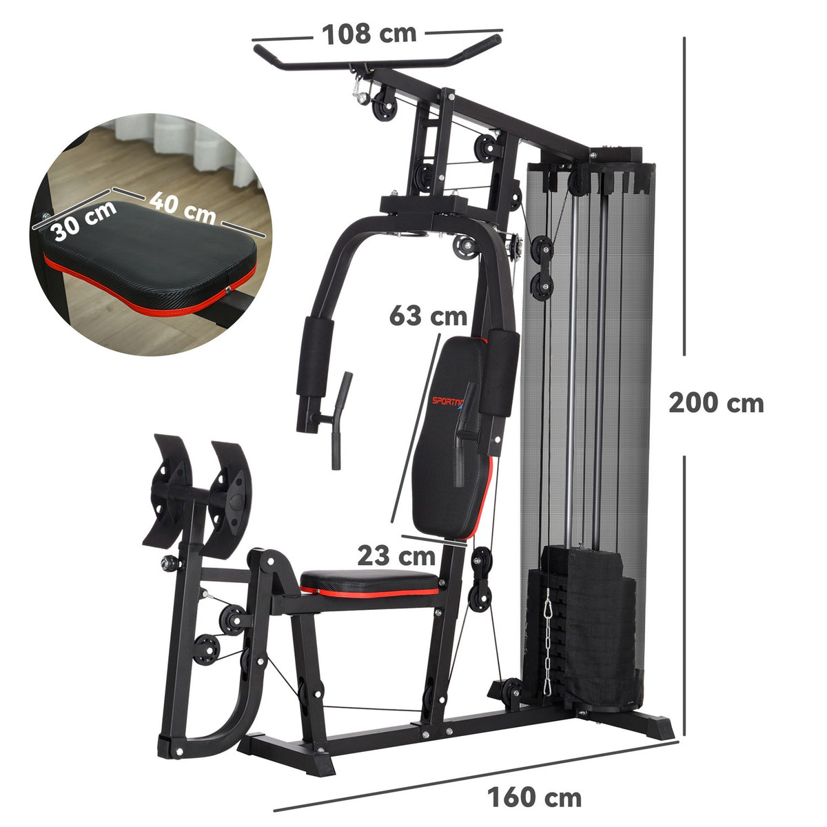 Power station, multifunctional fitness station with lat pulldown & butterfly bar, leg press, fitness device with 45 kg weight blocks for home, black