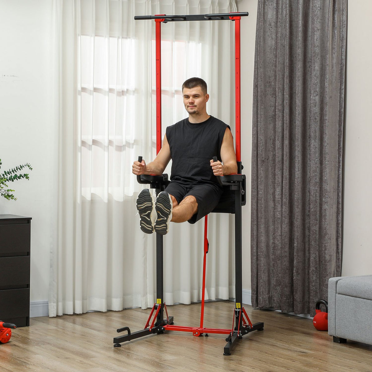 Power tower height adjustable 127-223 cm, multifunctional power tower, foldable pull-up tower, pull-up bar, power station max. 120 kg, for home training