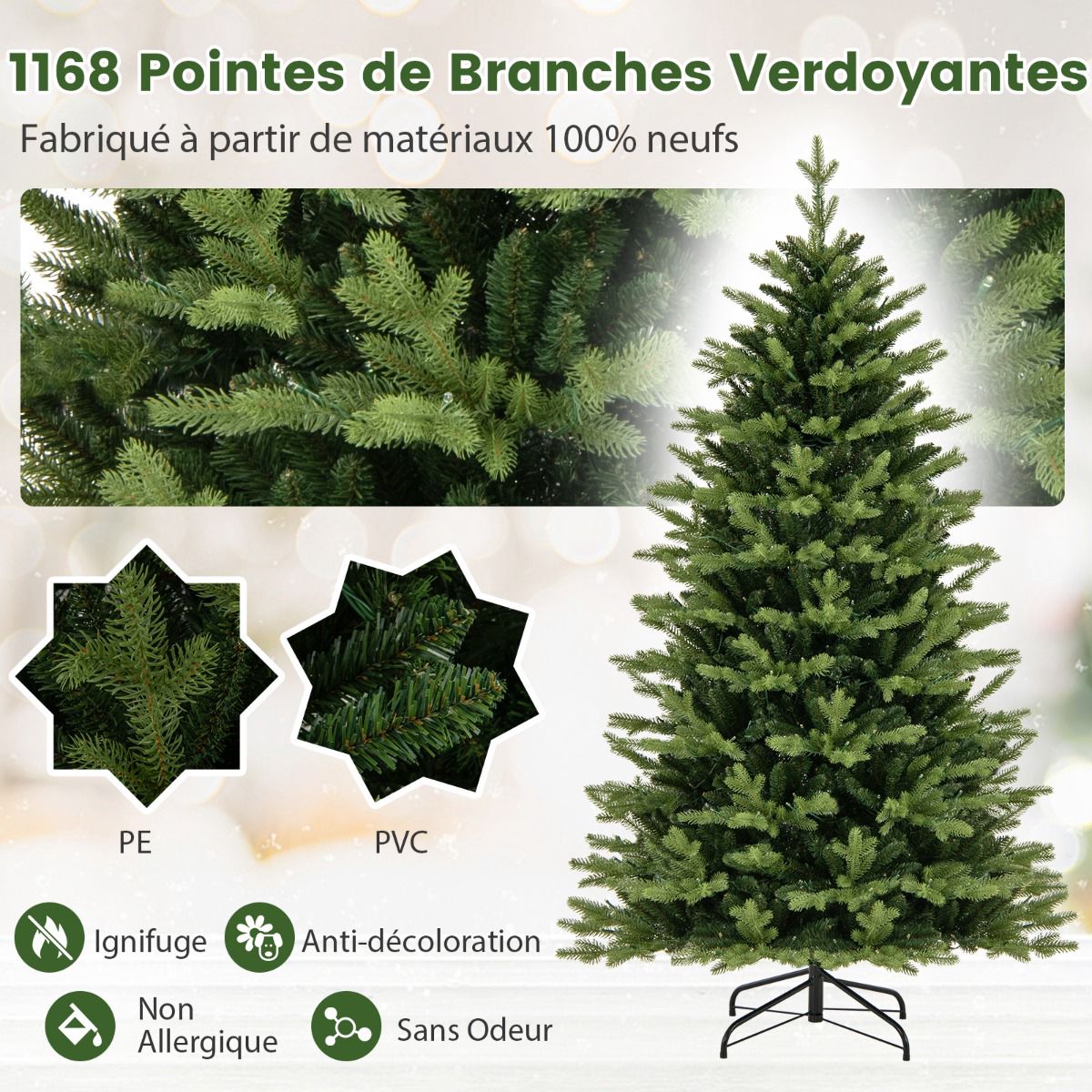 Pre-Lit Artificial Christmas Tree 180cm, 250 LED, 11 Modes