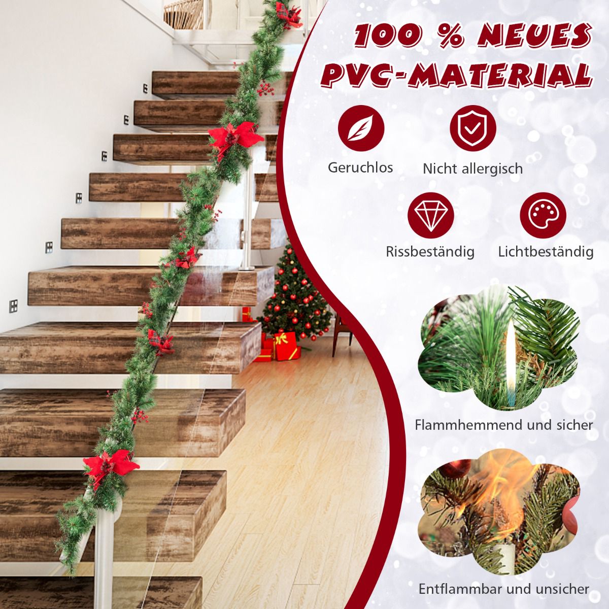 Pre-Lit Christmas Garland 270 cm, 50 Warm-White LEDs, Timer