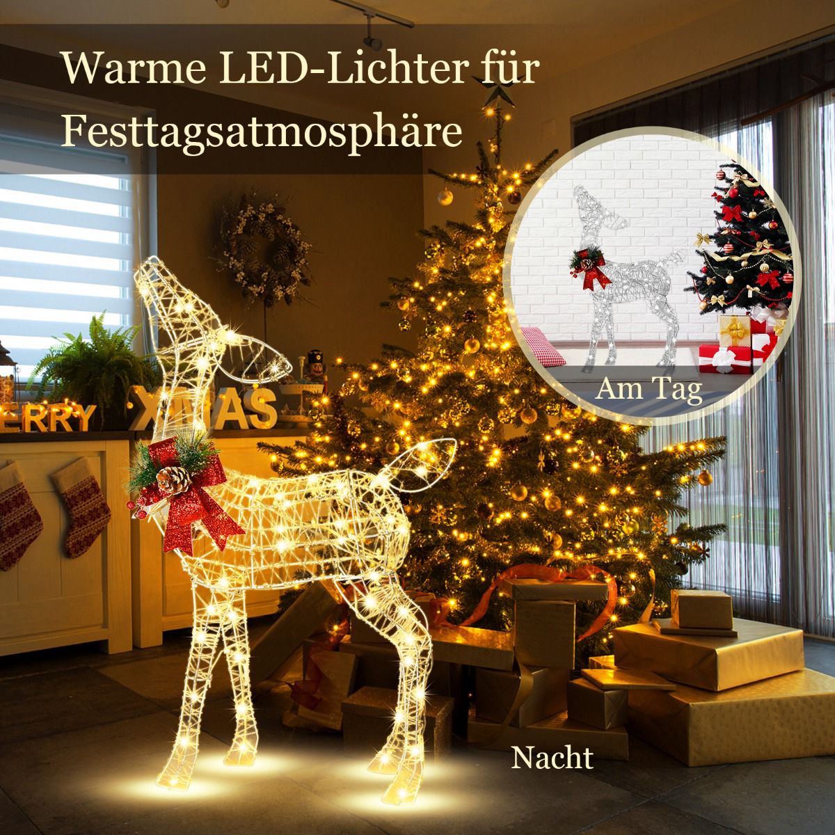 Pre-Lit Christmas Reindeer, 50 LED, Outdoor Stakes