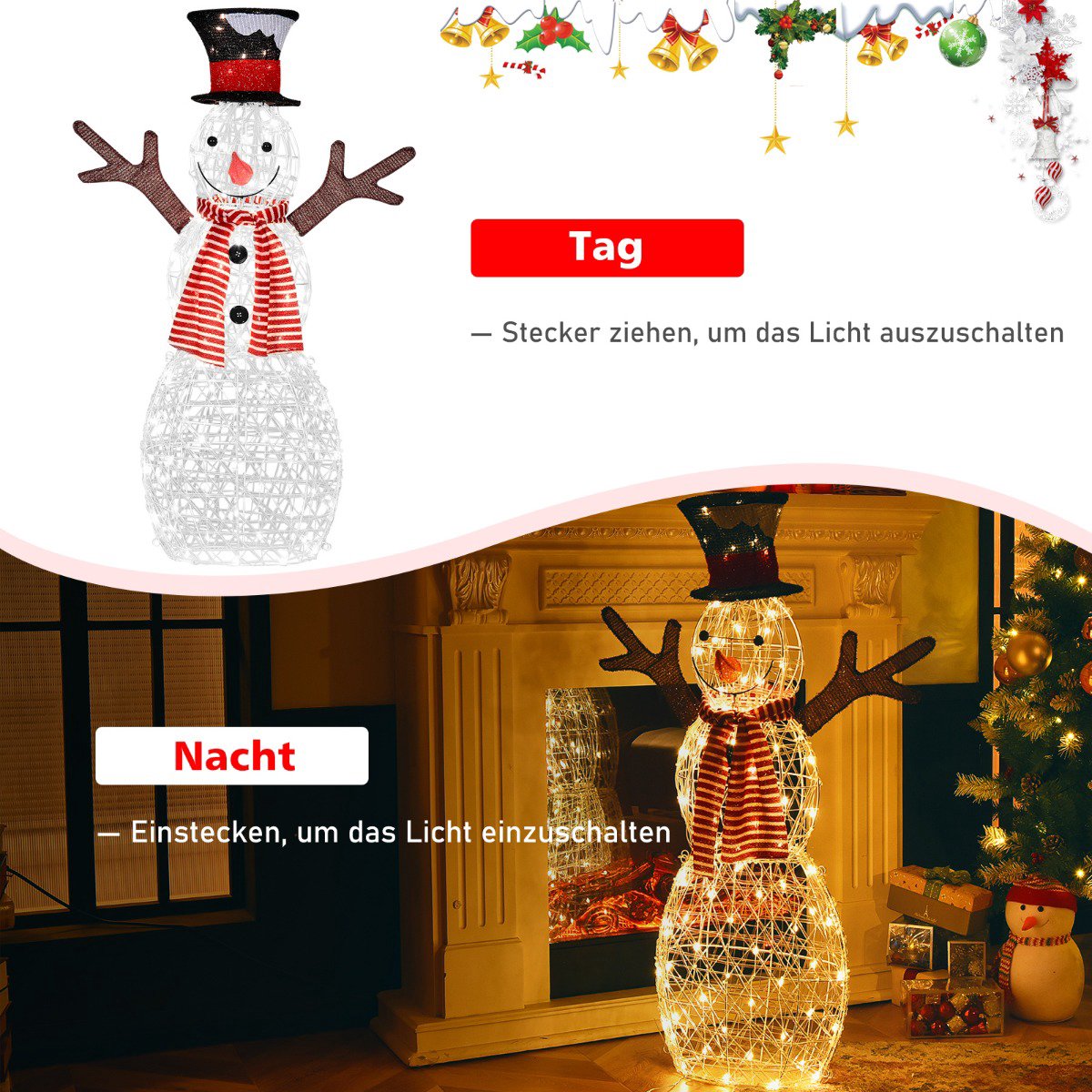 Pre-Lit Christmas Snowman – 80 Warm LED, 110 cm