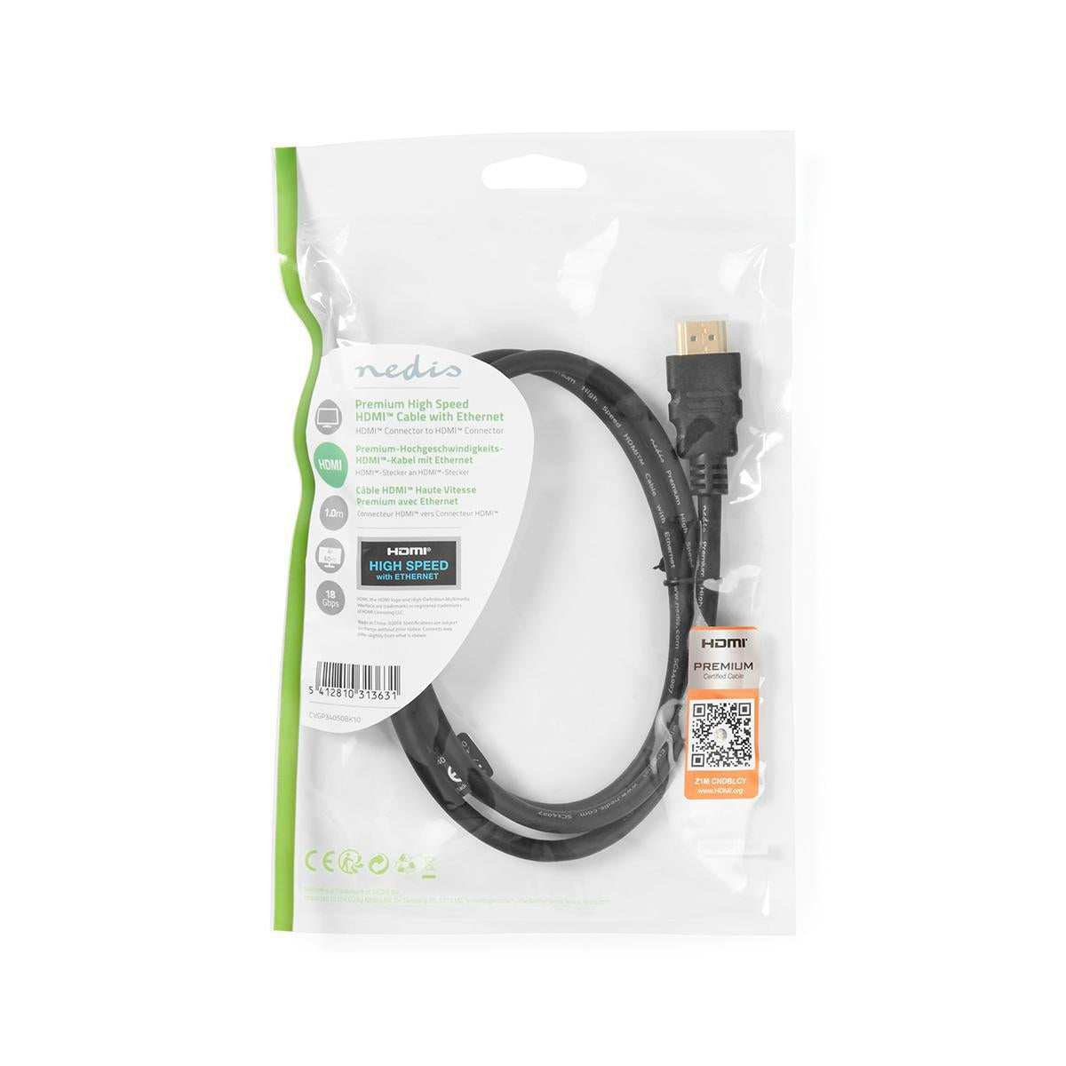 Premium High Speed HDMI™ Cable with Ethernet | HDMI™ Connector | HDMI™ Connector | 4K@60Hz | 18 Gbps | 1.00 m | Round | PVC | Black | Plastic bag