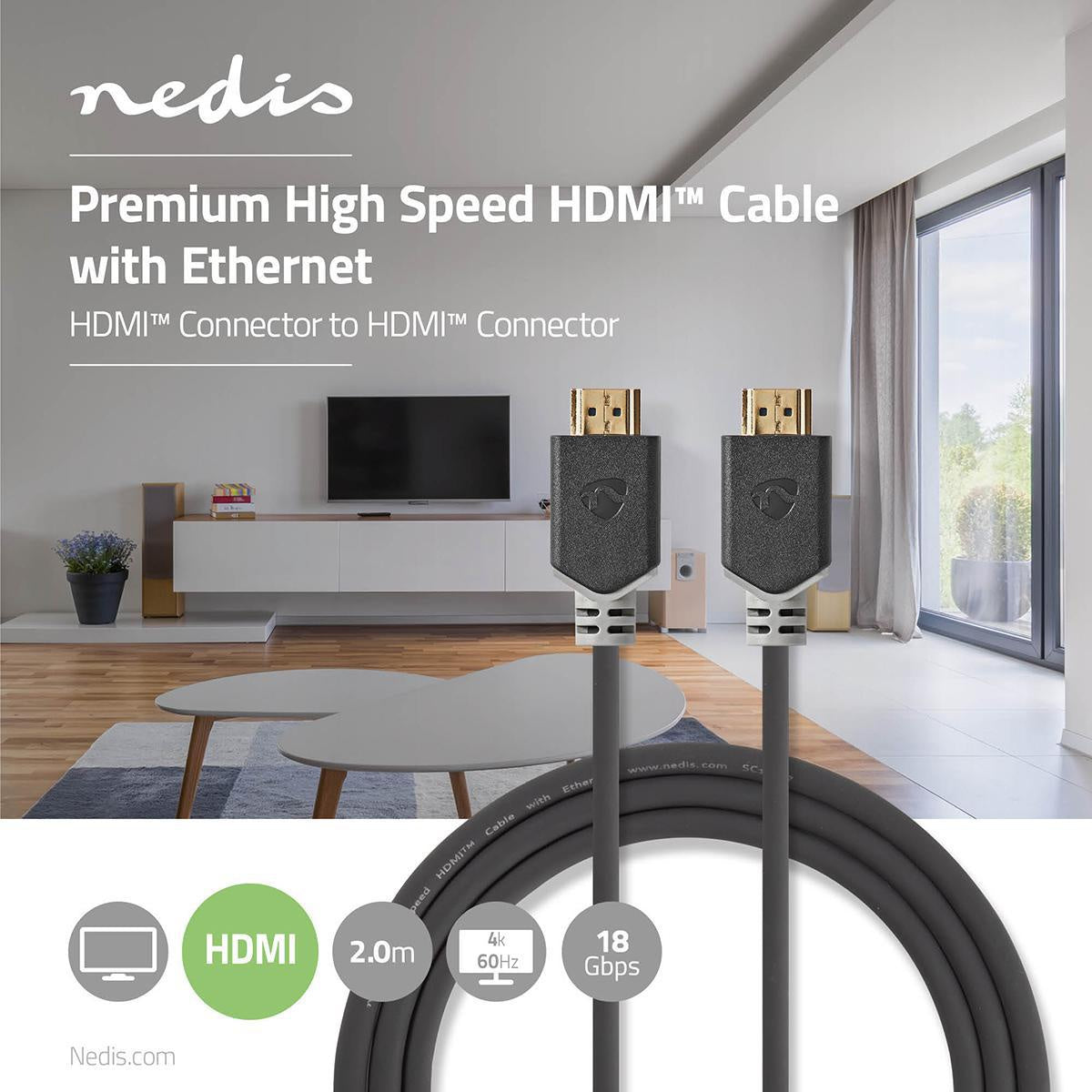 Premium High Speed HDMI™ Cable with Ethernet | HDMI™ Connector | HDMI™ Connector | 4K@60Hz | 18 Gbps | 2.00 m | Round | PVC | Anthracite | Box