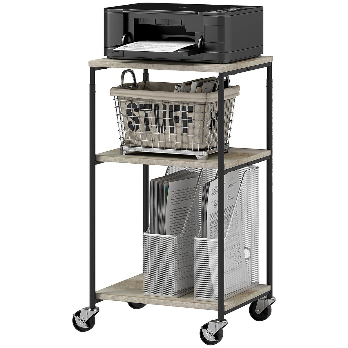 Printer table with roller, printer stand with 3 levels, printer holder, printer trolley can hold up to 12 kg, for office, study, steel, 39 x 34.5 x 81.5 cm
