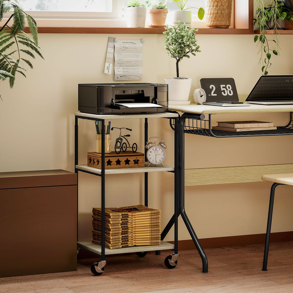 Printer table with roller, printer stand with 3 levels, printer holder, printer trolley can hold up to 12 kg, for office, study, steel, 39 x 34.5 x 81.5 cm
