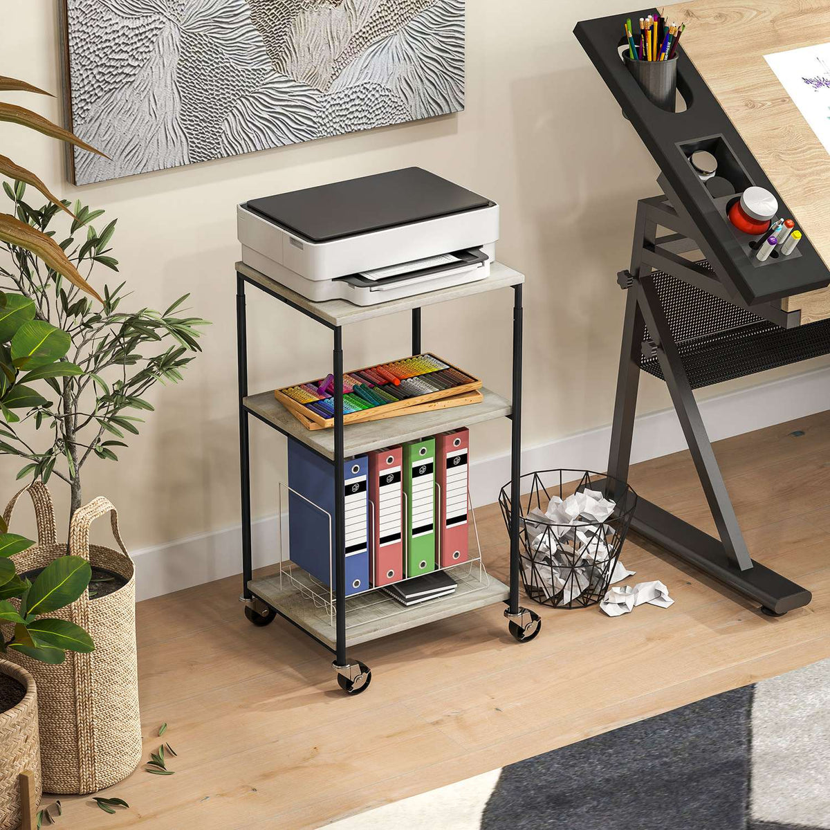 Printer table with roller, printer stand with 3 levels, printer holder, printer trolley can hold up to 12 kg, for office, study, steel, 39 x 34.5 x 81.5 cm