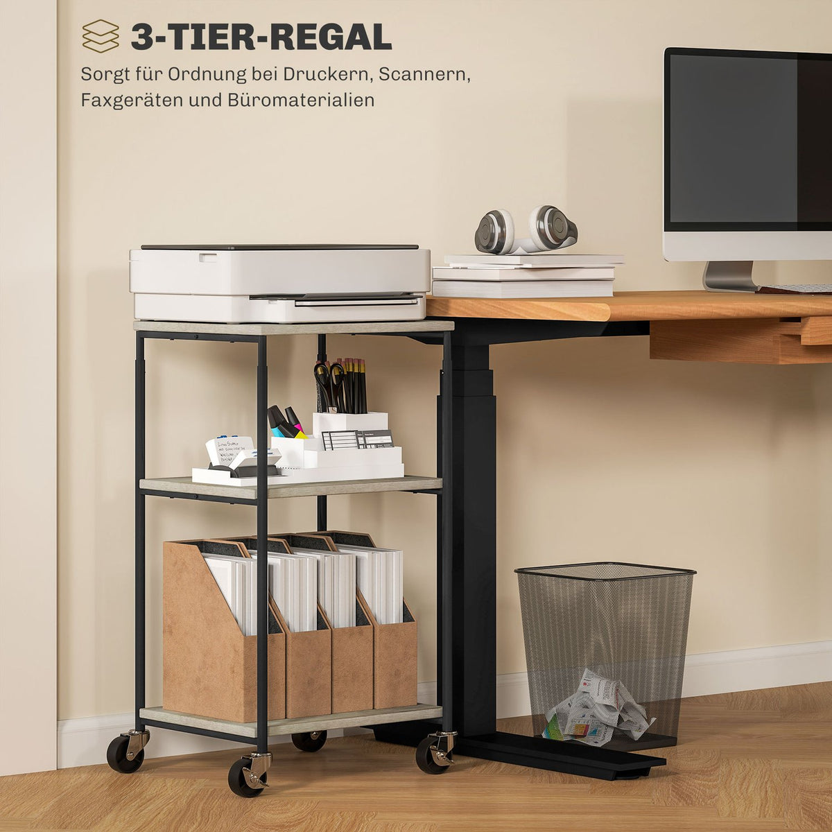 Printer table with roller, printer stand with 3 levels, printer holder, printer trolley can hold up to 12 kg, for office, study, steel, 39 x 34.5 x 81.5 cm