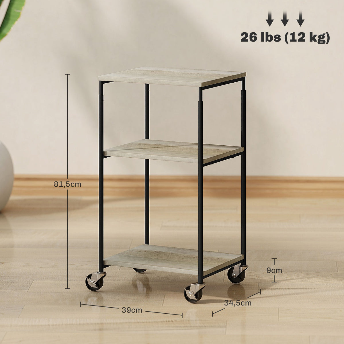 Printer table with roller, printer stand with 3 levels, printer holder, printer trolley can hold up to 12 kg, for office, study, steel, 39 x 34.5 x 81.5 cm