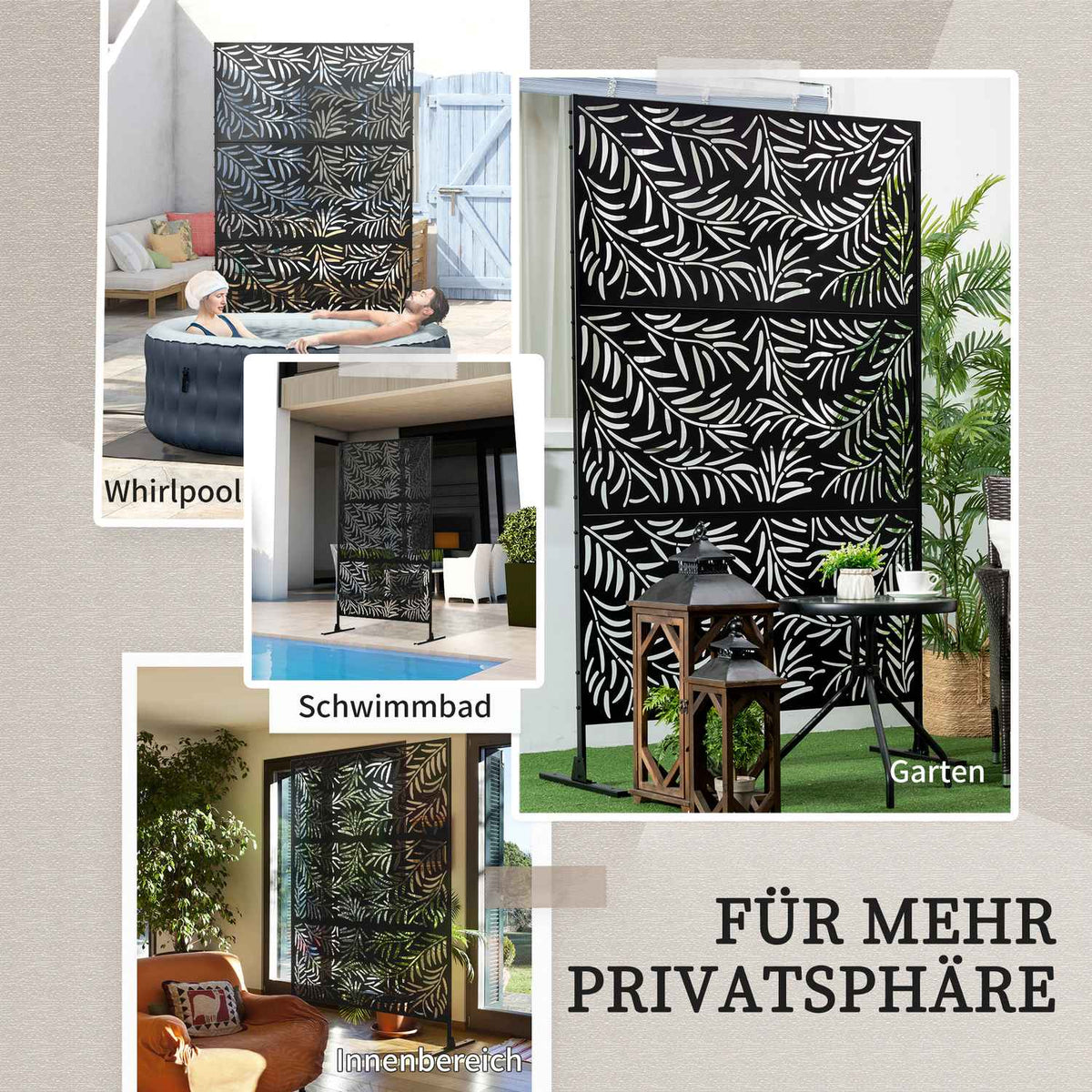 Privacy Screen Room Divider With Willow Leaf Pattern, 122X198Cm, Steel Black, For Garden & Patio