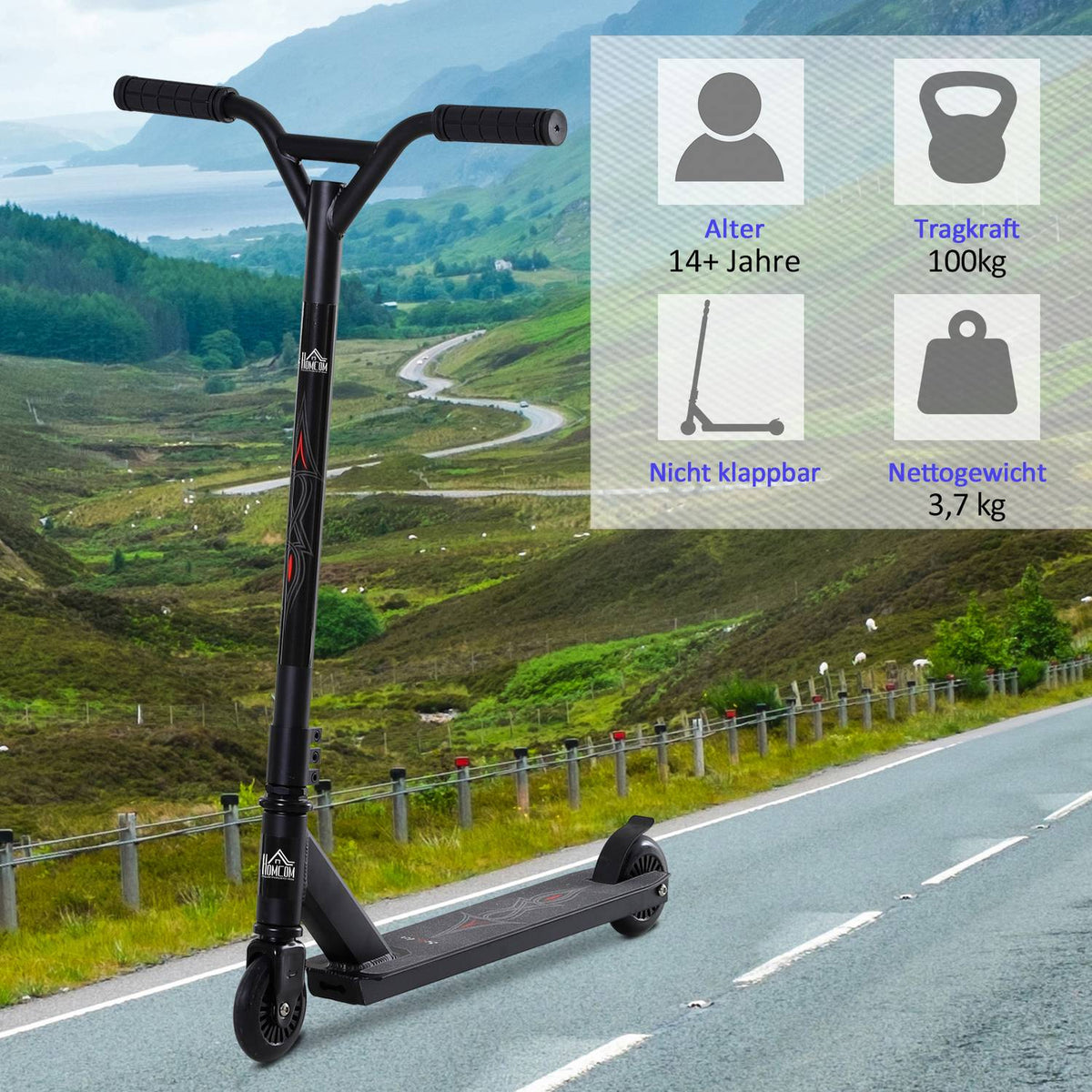 Pro Stunt Scooter, Kick Scooter, Freestyle Tricks, With 100Mm Pu Wheels, For Children And Adults, Aluminum, Black