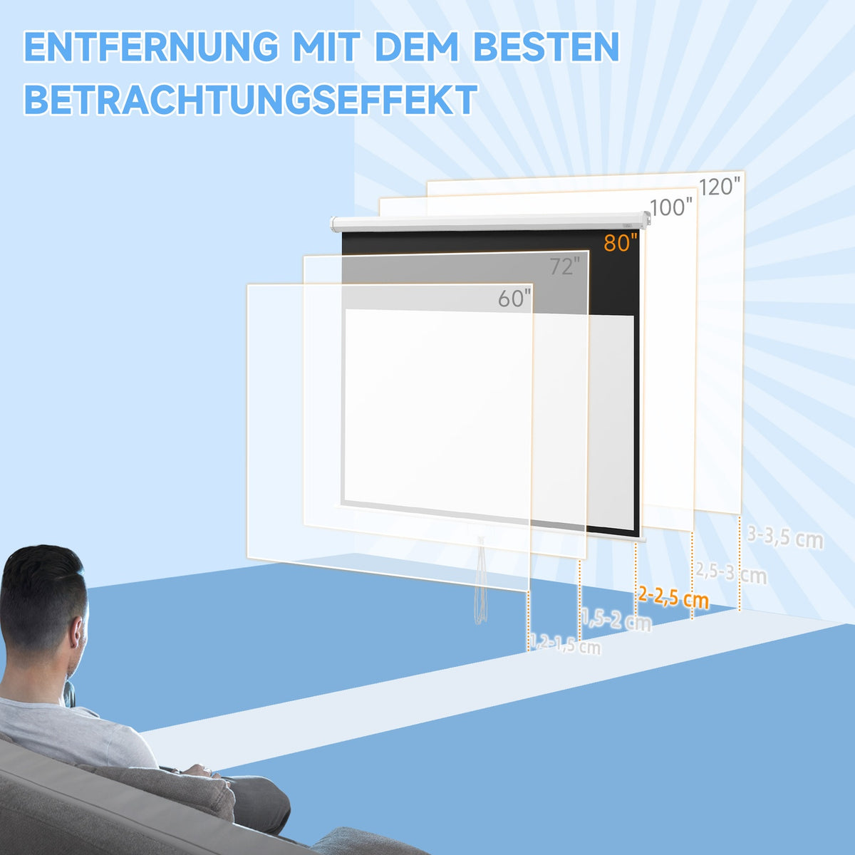 Projector screen 172 x 96 cm manual projection screen, roll screen for 4K, HD, film screen for home cinema and presentation white