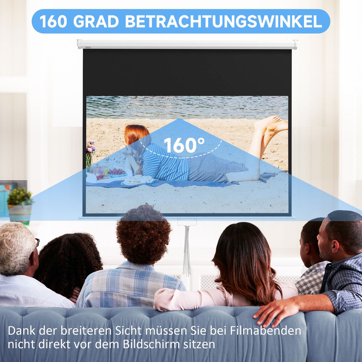 Projector screen 172 x 96 cm manual projection screen, roll screen for 4K, HD, film screen for home cinema and presentation white